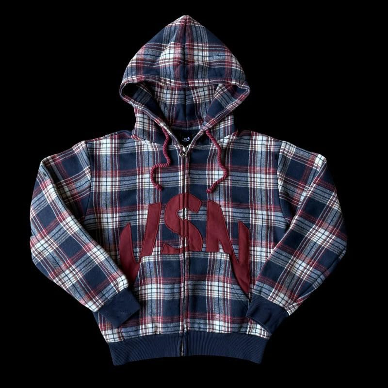 Men's Zip Up Hoodies plaid letter Graphic Jacket long Sleeve Y2k Hoodies Plaid Flannel Hooded sweatshirt Streetwear4