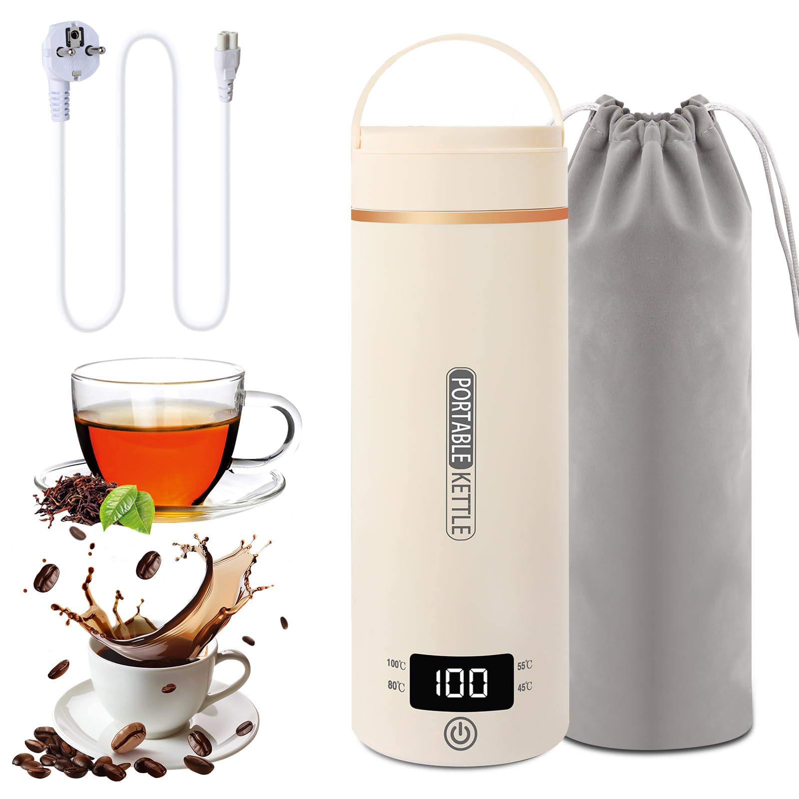 Elektrischer Reisewasserkocher Klein 500ML, Kleiner Wasserkocher Reise Schnelles Kochwasser Mini -Wasserkocher tragbar 316 Edelstahl, automatisches Schließen, For Tee, Kaffee, Babymilch (Beige)