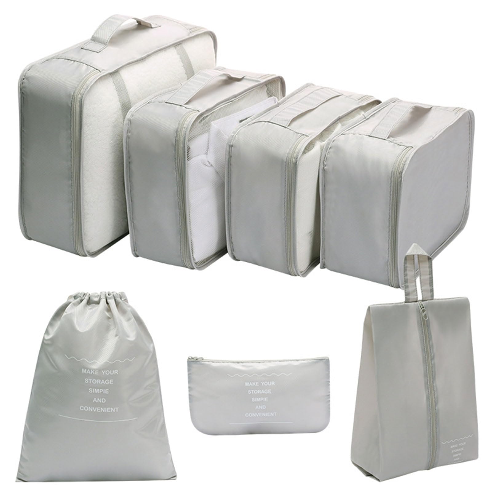 Buxuaaaa Grey 7Pcs / Set Luggage Organizers Bags For Travel Waterproof Packing Cube Storage Bags For Suitcases With Drawstring Waterproof Portable Luggage Pouch