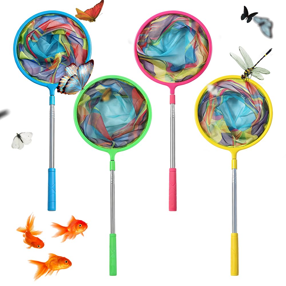 4 Stück Kescher Kinder, Teleskop Fischernetz Kinder, 31-99cm Ausziehbar Schmetterlingsnetz, Kinder Kescher für Fangen von Insekten, Schmetterlingen, Fischen, Strand, Teich, Garten, Outdoor
