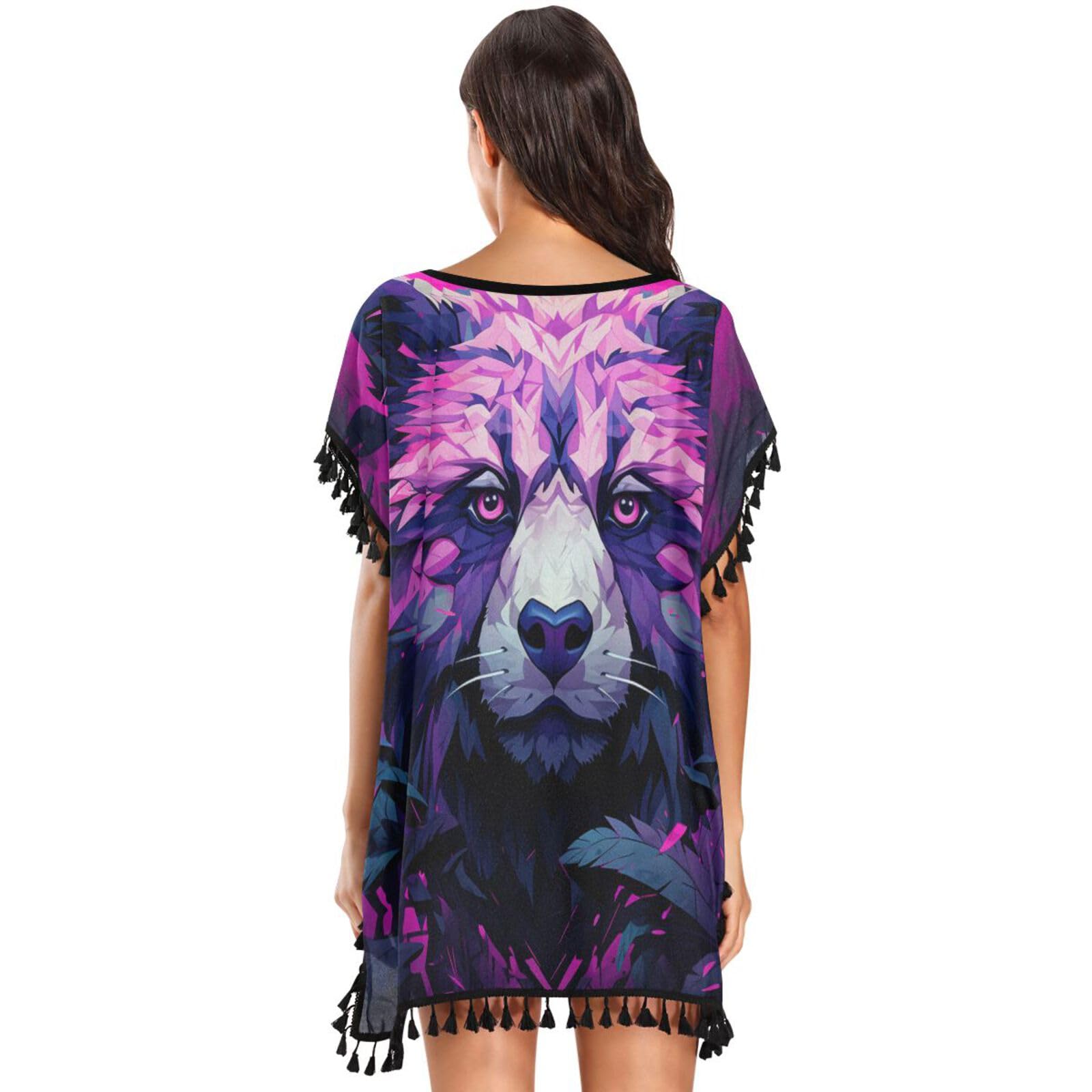 Purple Cool Panda Women's Beach Cover Up Chiffon Tassel Swimwear Swimsuit Coverups for Girl
