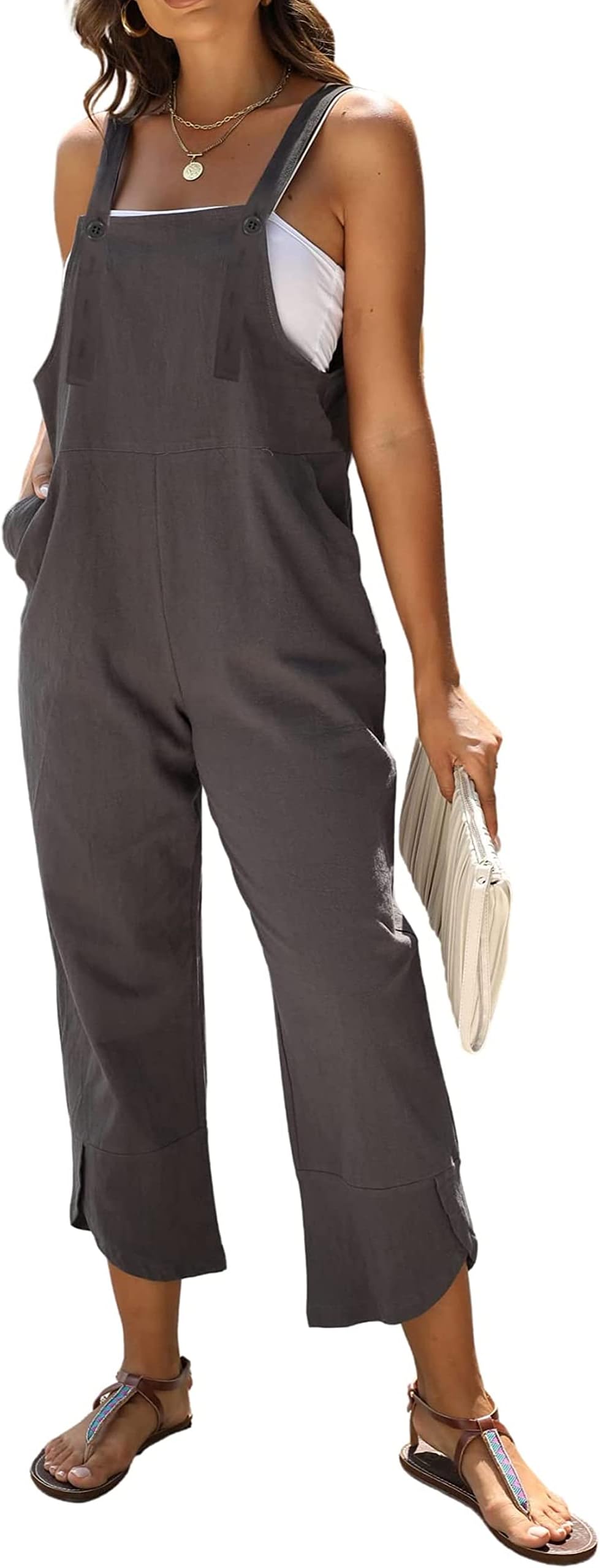 Daacee Womens Fashion Sleeveless Cotton Linen Black Overalls Baggy Tulip Capri Jumpsuits with Pockets