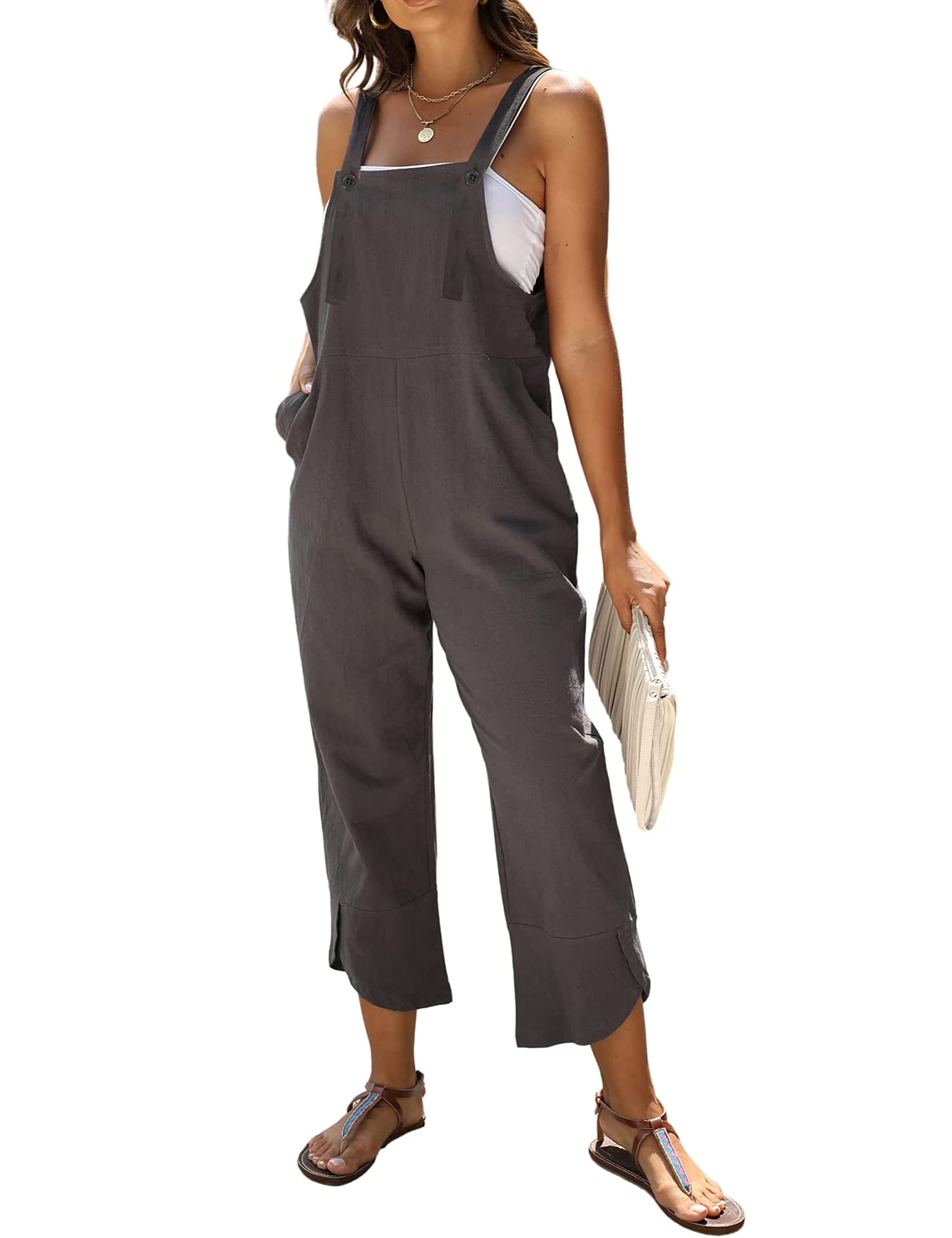 Daacee Womens Fashion Sleeveless Cotton Linen Black Overalls Baggy Tulip Capri Jumpsuits with Pockets