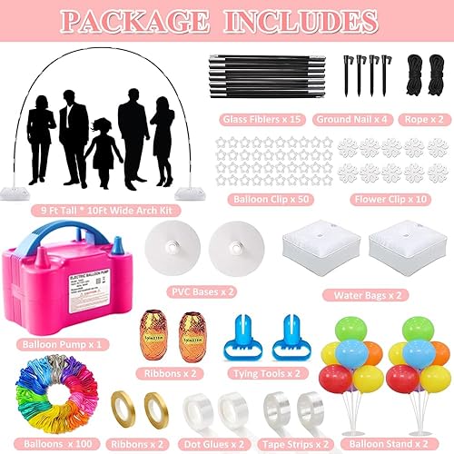 Miniatura 2 de Kit de arco de globos con bomba de globos, 9 pies de alto y 10 pies de ancho ajustable para arco de globos, marco de arco de globos con base para