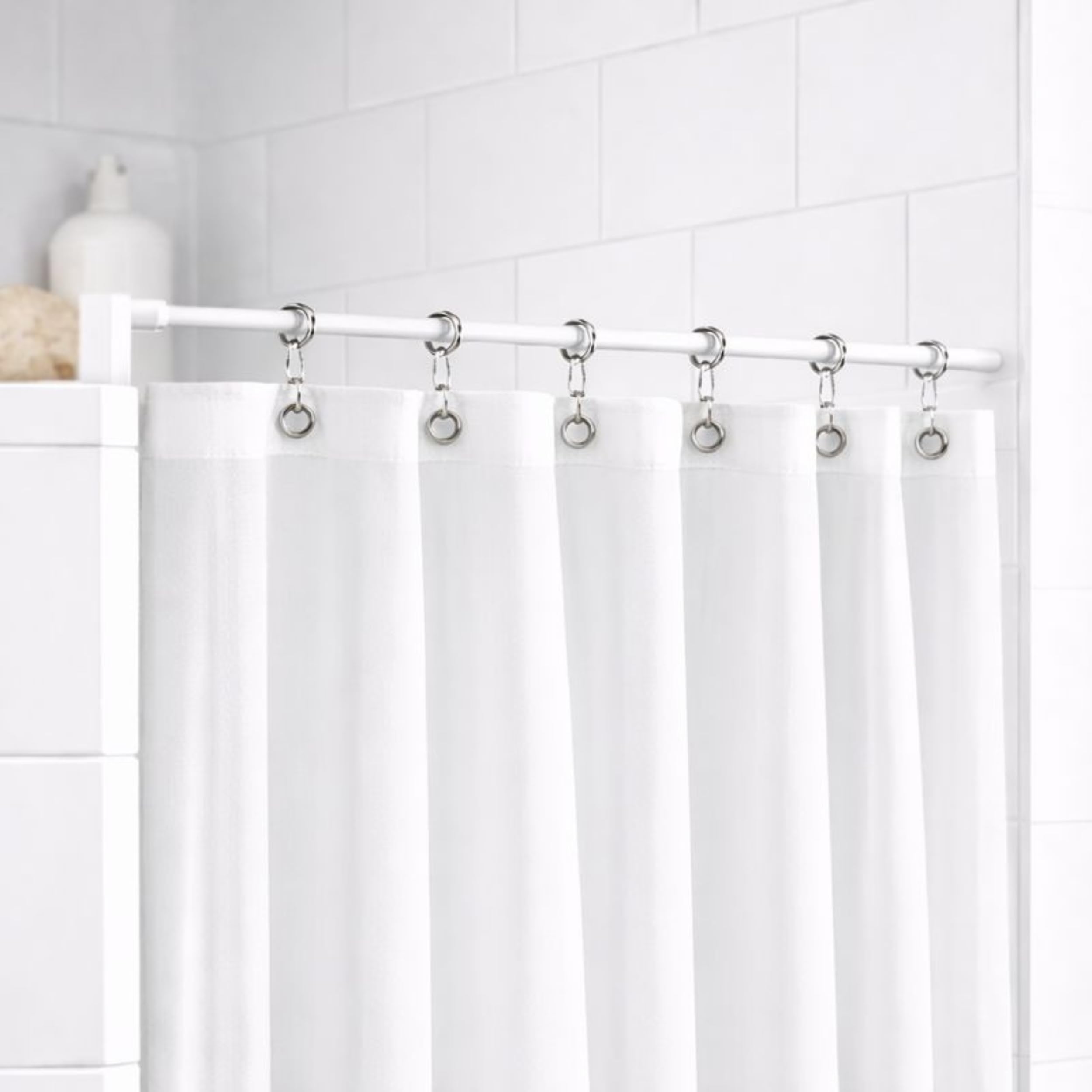 PARENCE – Varilla telescópica metálica de cortina de ducha blanca 70–120 cm – sin agujero – fijación de presión – Ø tubo 20 mm/Ø tapa final 32 mm