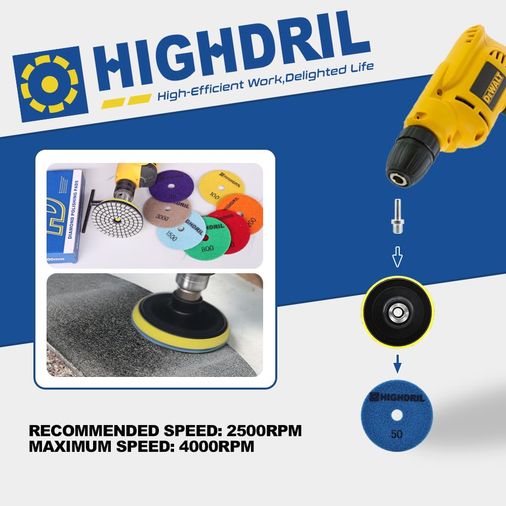 HIGHDRIL Disco Pulido Diamante Set - 8 Piezas 100mm Grano #50x3/100x3/200x2 Almohadilla Pulir Suelo + M14 Soporte Plástico + Adaptador para Abrillantar Mármol Granito Hormigón Piedra