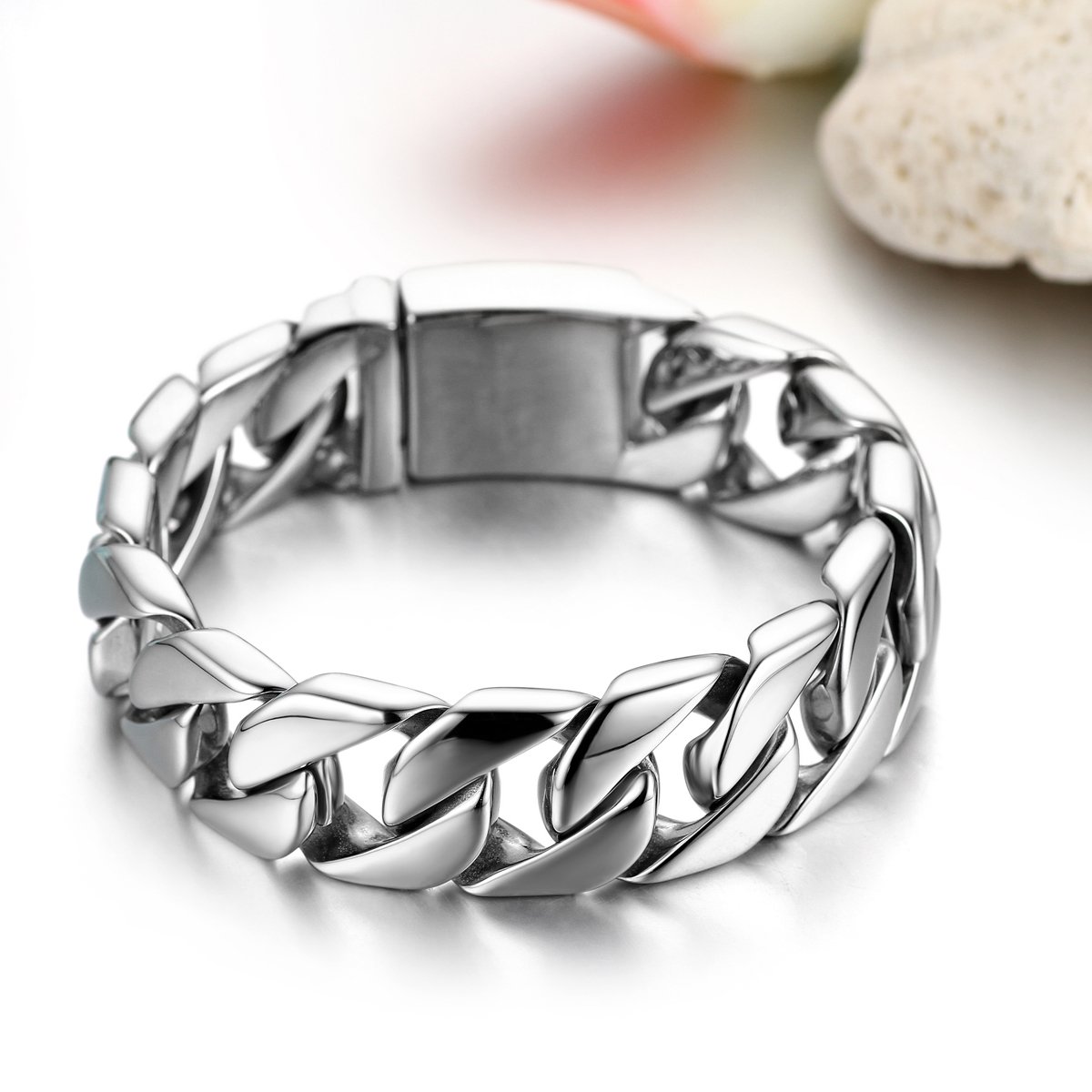 JewelryWe Gioielli Braccialetto da Uomo in Acciaio Inossidabile, Catena Colore Argento 24mm, 30mm(con Borsa Regalo)