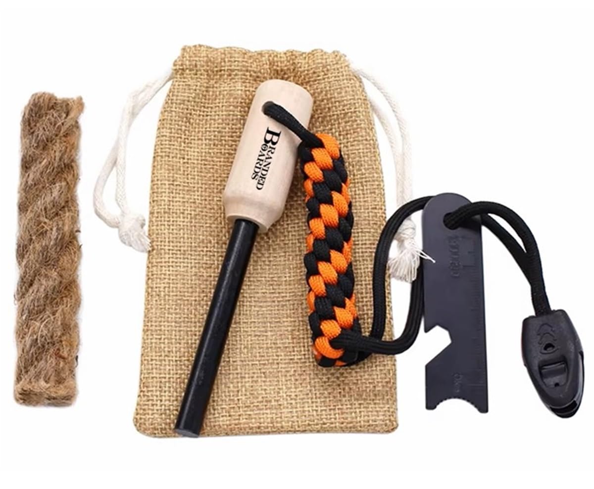 Branded Boards Bushcraft Fire Starter Kit Ferro Rod Striker Waterproof Waxed Fat Jute Rope Tinder Survival Paracord Emergency Whistle Burlap Bag (Fire Starter Kit 1-Pack)