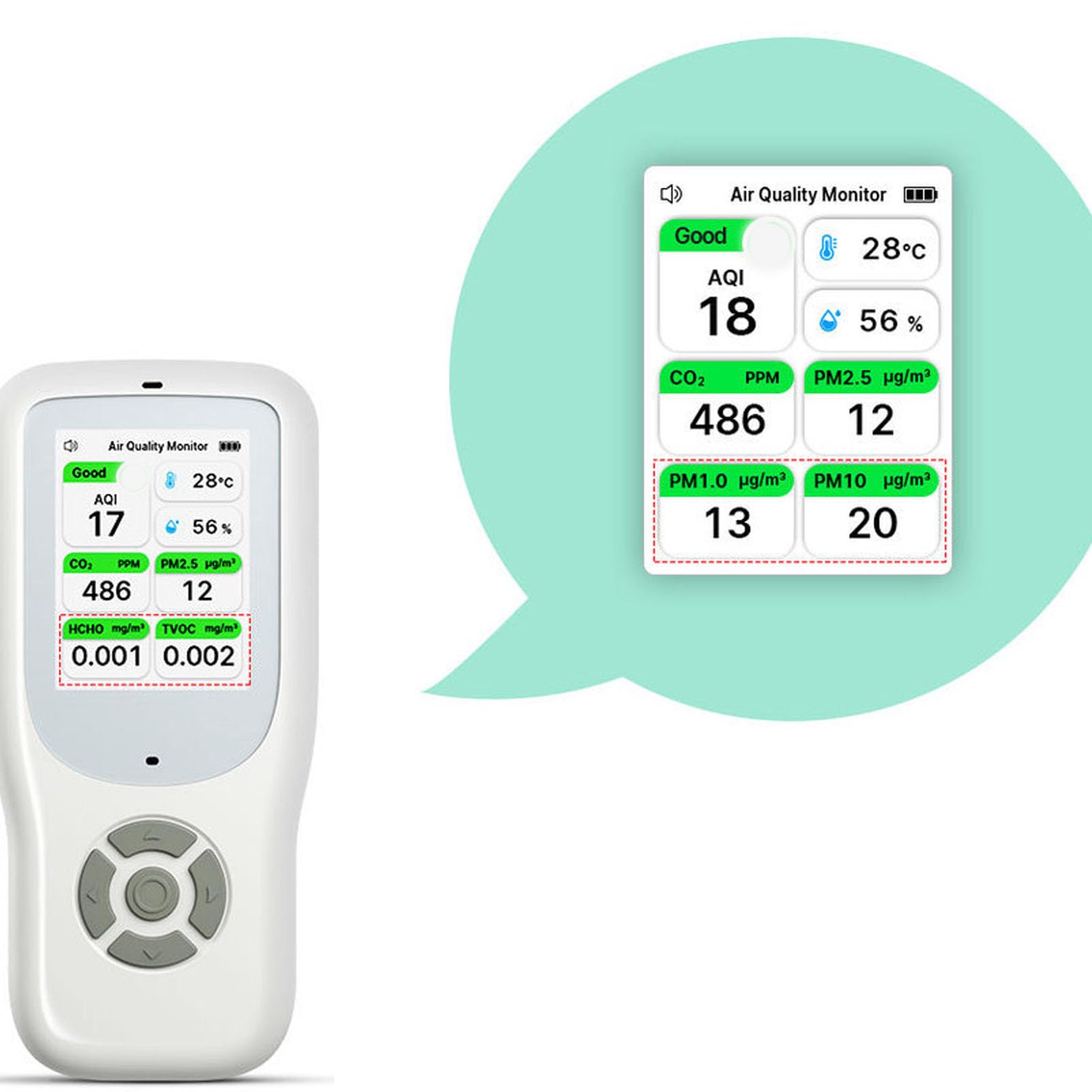 Monitor de Calidad del Aire, Detector Portátil para el Hogar | CO2 PM2.5 PM1.0 PM10 TVOC HCHO Temperatura Humedad, Sensor de Grado de Laboratorio con Alarma Dual, Batería de 2500 MAh
