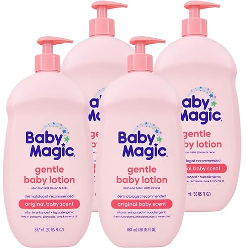 Baby Magic Leche Corporal Suave para Bebé  30 Fl Oz (Paquete de 4)  Vitaminas y Aloe  Libre de Parabenos, Ftalatos, Sulfatos y Colorantes