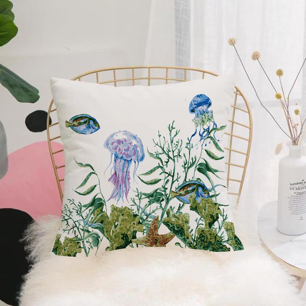 Hyosxw Ocean,Watercolor Style Effect Sea Life Patte - A3 Cushion Cover,Throw Pillow Case Home Decorative For Living Room Bedroom Sofa Chair 18X18 Inch,Ocean,Watercolor Style Effect Sea Life Pattern With Seaweed Jellyfish And Fish,Pillowcase 45X45cm