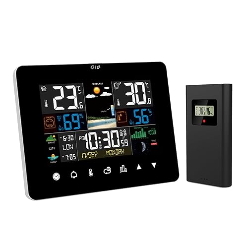 Termómetro inalámbrico para interiores y exteriores con pantalla táctil de 5.9 pulgadas, estación meteorológica grande a color, reloj atómico,