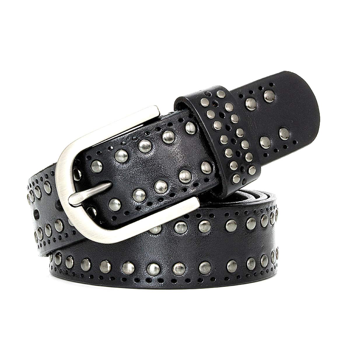 Moonbaby Women Vintage Punk Belts Rivet Belt Real Genuine Leather Belt Cowskin Belt for Jeans Black 115cm
