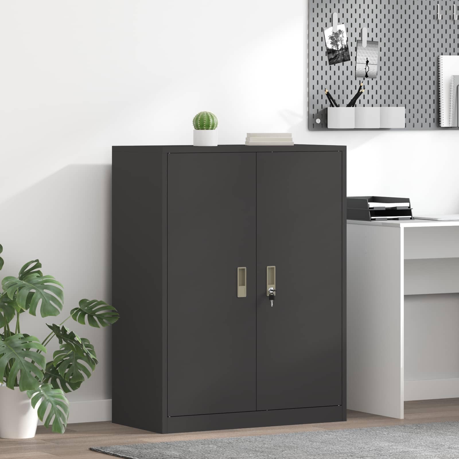 Armadio da ufficio nero, 80 x 40 x 105 cm, in acciaio con ante chiudibili, versatile armadio multiuso per ufficio, casa e studio, robusto scaffale in metallo