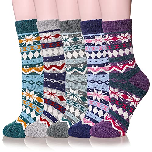 Image of Velice Wool Socks for Women Merino Wool Boot Hiking Thick Thermal Warm Winter Crew Cushion Cozy Work Socks 5 Pairs