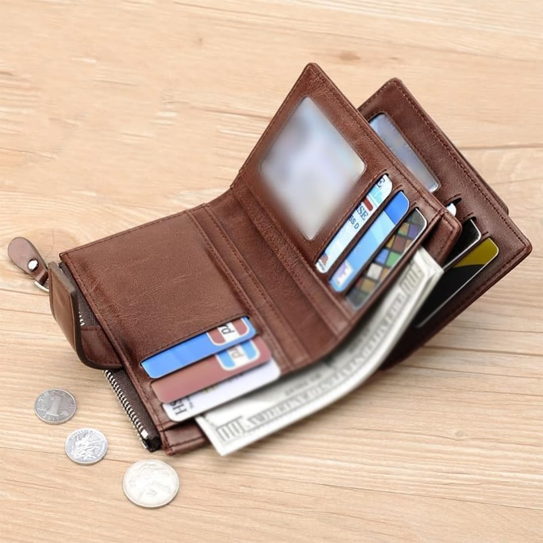 Cartera con Bloqueo RFID, Billetera Plegable para Hombre, Billetera De Cuero con 14 Ranuras para Tarjetas, Billetera Multifuncional Liviana, Billetera De Viaje (Khaki)
