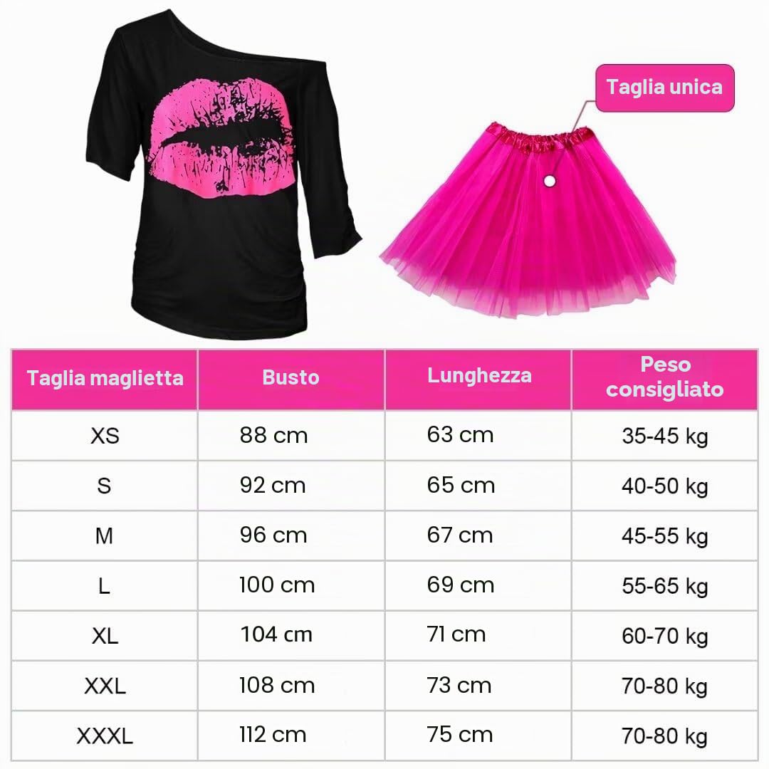 Completo anni '80 completo da donna, t-shirt, tutù, marsupio, fascia per capelli, orecchini, collana, guanti a rete, abbigliamento anni '80 costume neon accessori festa a tema carnevale donna