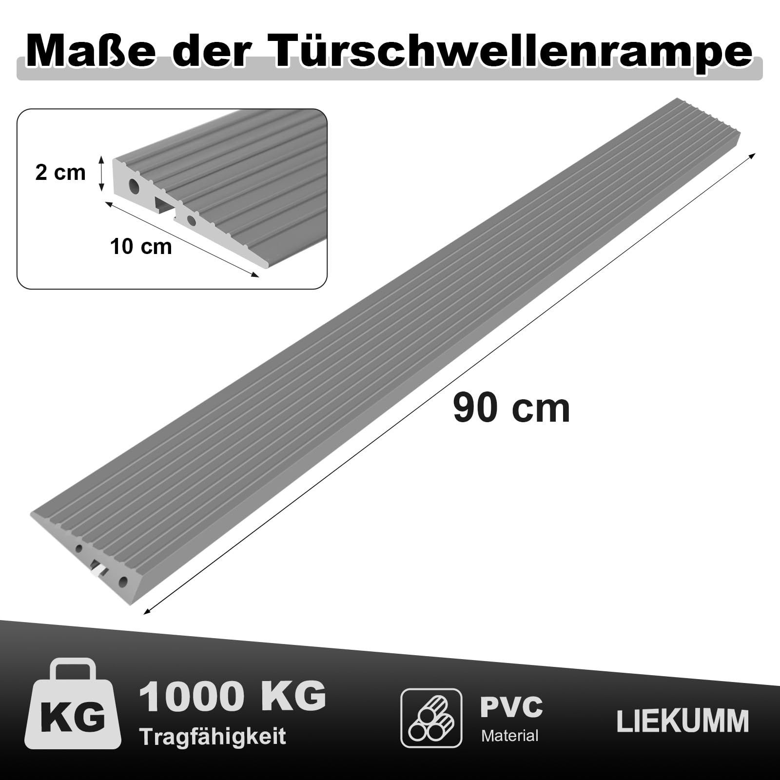 LIEKUMM 2 cm Höhe Türschwellenrampe, 1000 kg Tragkraft Türschwellenrampe Saugroboter, Rollstuhlrampe für Innen- und Außenbereich, Schwellenrampe für Elektro-Rollstuhl, Kinderwagen, Garage, Grau