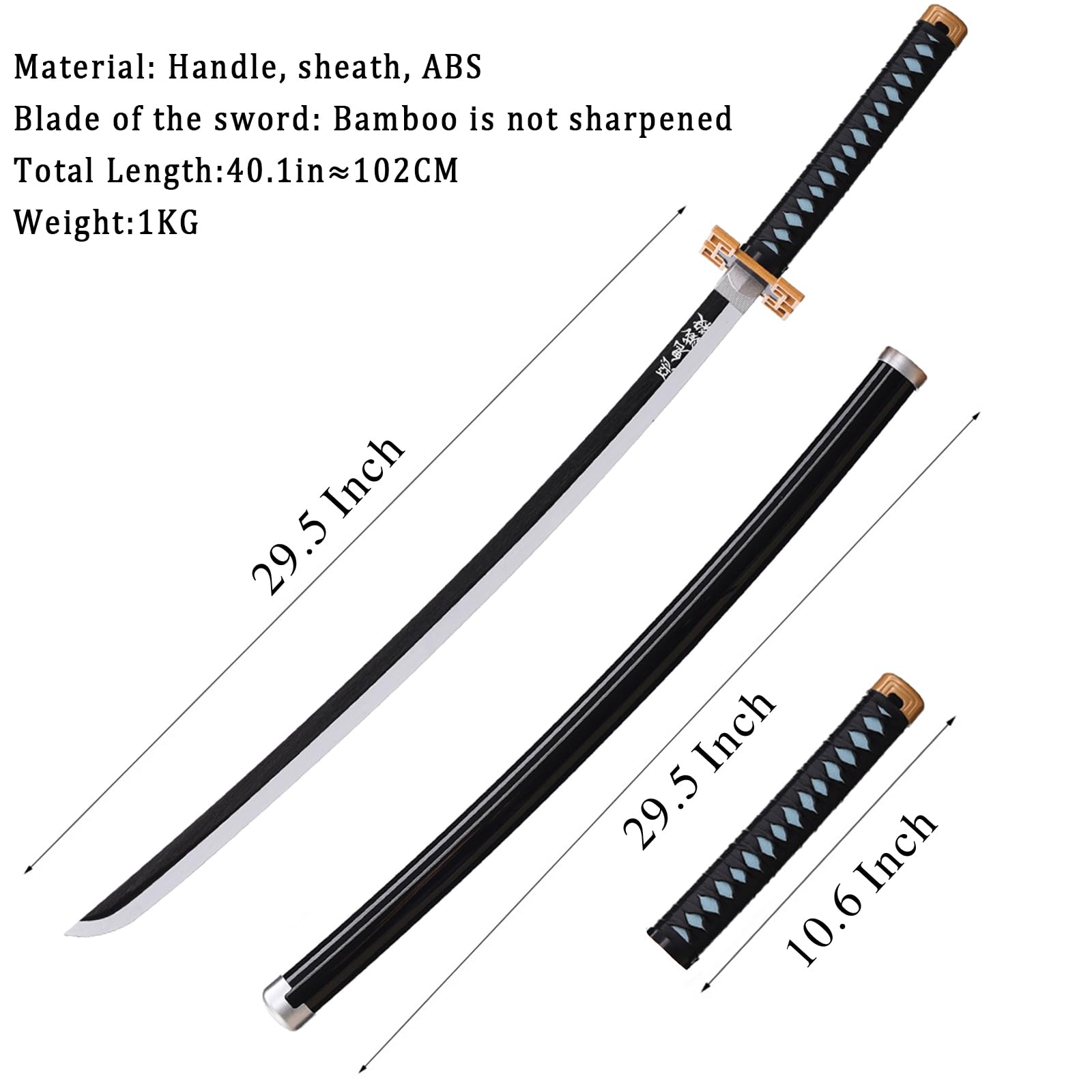 Demo Schwertde Anime(Tokitou Muichirou), Hoja de Bambú Sin Filo, 102 cm, con Vaina Negra, Soporte y Cinturón Blanco, para Cosplay