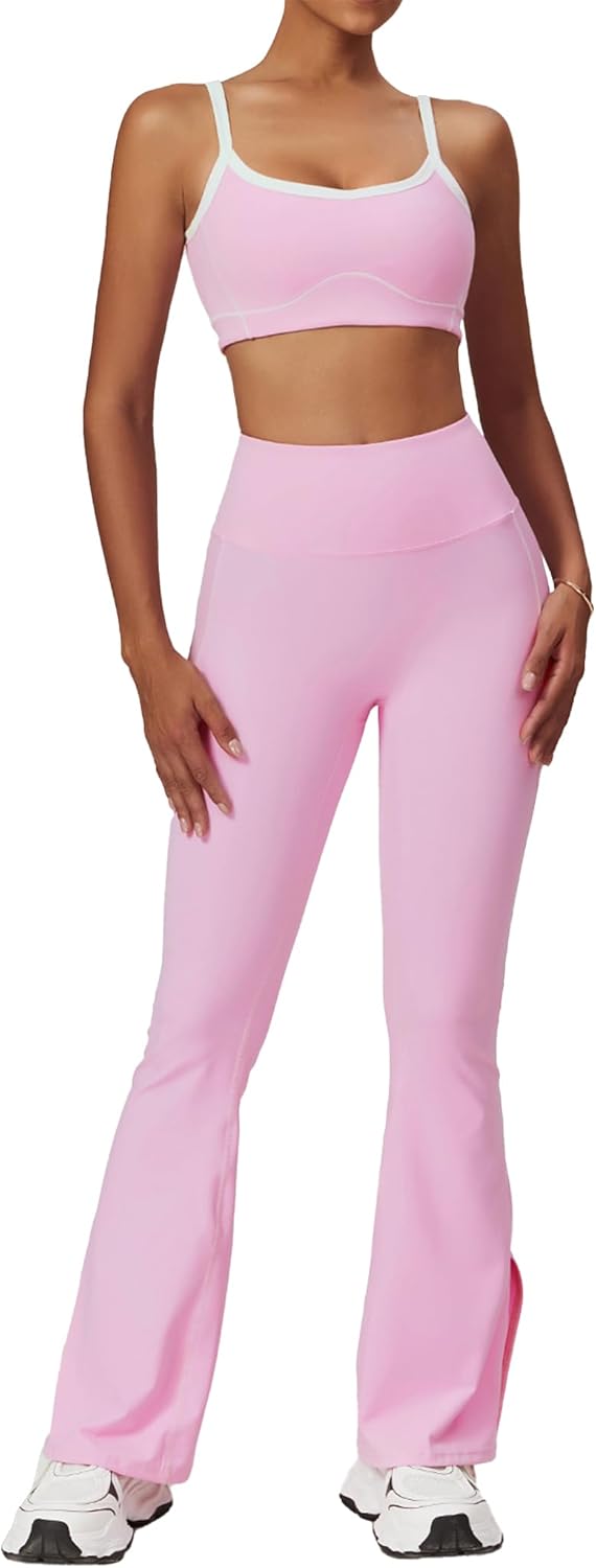 ABOCIW Workout Sets for Women 2 Piece Contrast Piping Sports Bra High Wasit Split hem Flared Leggings