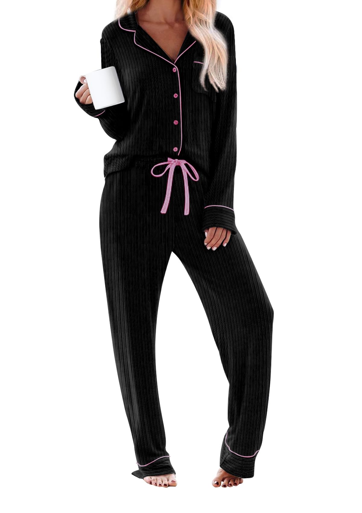 Womens Pajama Sets Long Sleeve Button Down Soft Knit Sleepwear Pjs 2 Piece Lounge Set