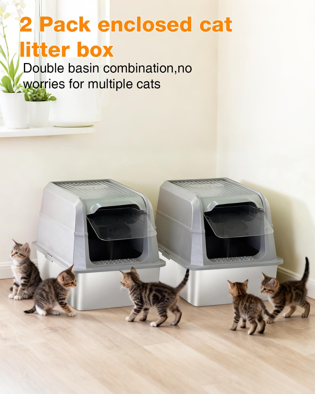 PETUX 2-Pack Stainless Steel Litter Box with Lid - High Sided, Odor-Proof, Anti-Leakage, Non-Stick, Easy to Clean and Extra Large Enclosed Litter Box with Scoop and Non-Slip Mat for Multi-Cats - Grey - image 8