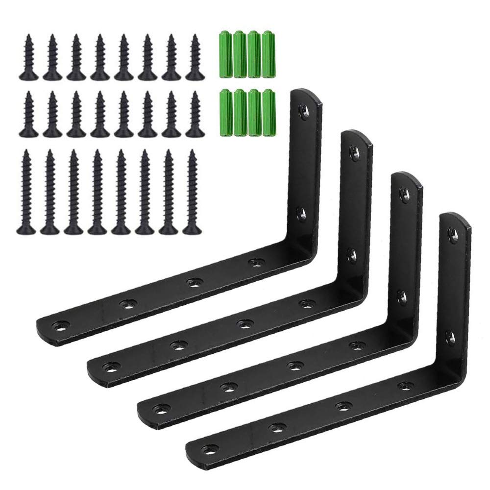 Gobesty Shelf Bracket Corner Braces Black, 4 Pieces Angle Brackets Heavy Duty Black Metal Wall Support Corner Brace Black, L Brackets Metal Black with Screws and Anchor, 125mm x 75mm x 30mm