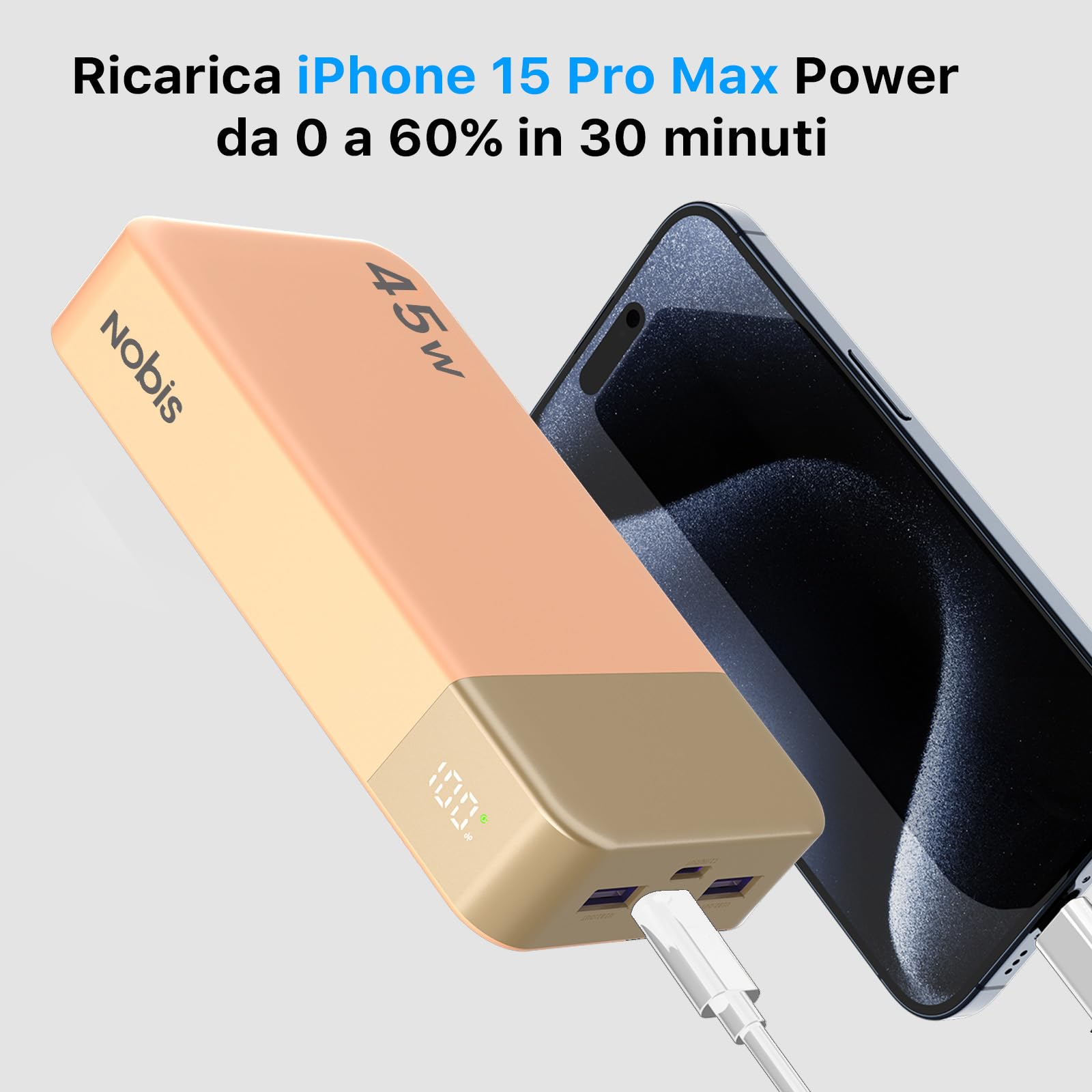 Nobis Power Bank 20000mAh Powerbank 45W Ricarica Rapida Caricatore Portatile USB C In & Out, 4 Porte Portable Charger con Display Digitale a LED, Compatibile con MacBook Phone 15 S23 (Arancione)