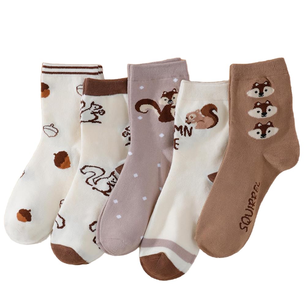 Angelteers 5 Pairs Cute Animal Crew Socks Fun Casual Cotton Calf Socks for Women, Squirrel, One size