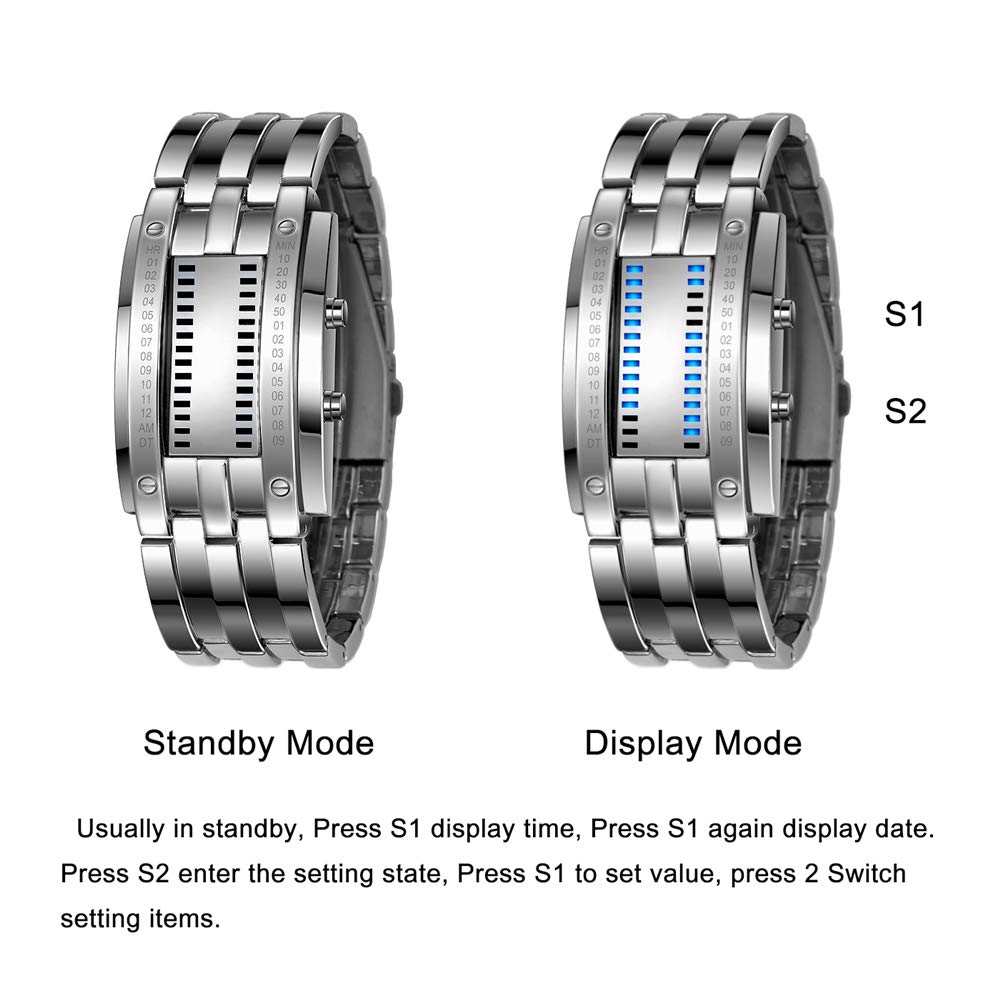 Binario Relojes Digitales de Hombre y Mujer Rectangular Acero Inoxidable del Bisel Azul LED Luminosidad Fashion Unico Casual Calendario Reloj de Pulsera, Plateado