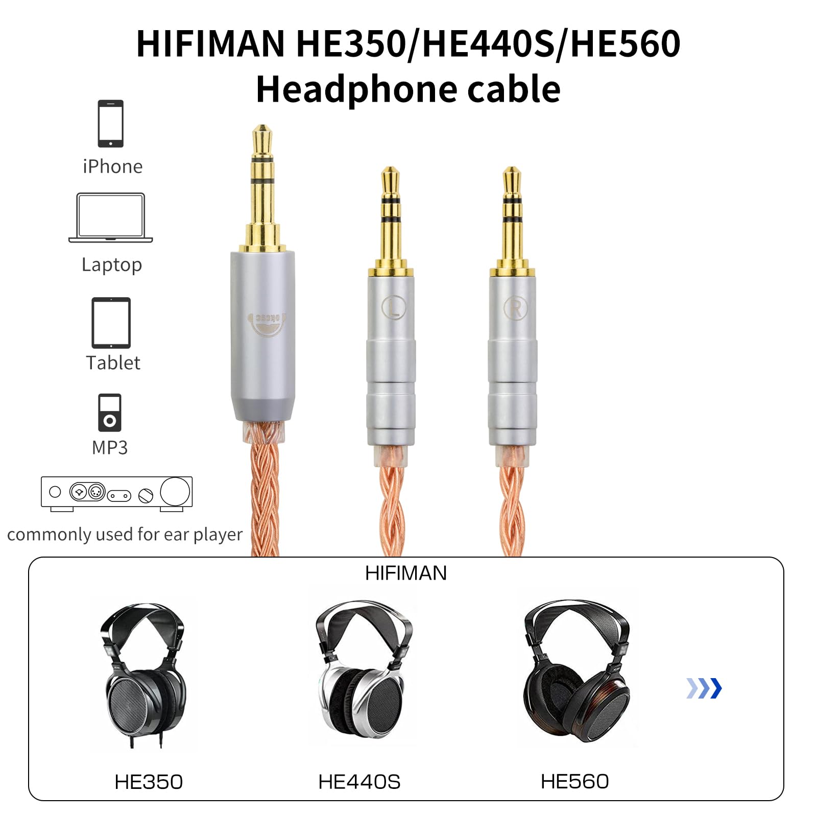 okcsc Cavo di ricambio ZT16 con doppia spina bilanciata da 2,5 mm a 4,4 mm, 16 nuclei placcati in rame IEM, cavo professionale per audiofili per cuffie Hifiman HE-400i, HE400S, HE350, HE1000, HE560