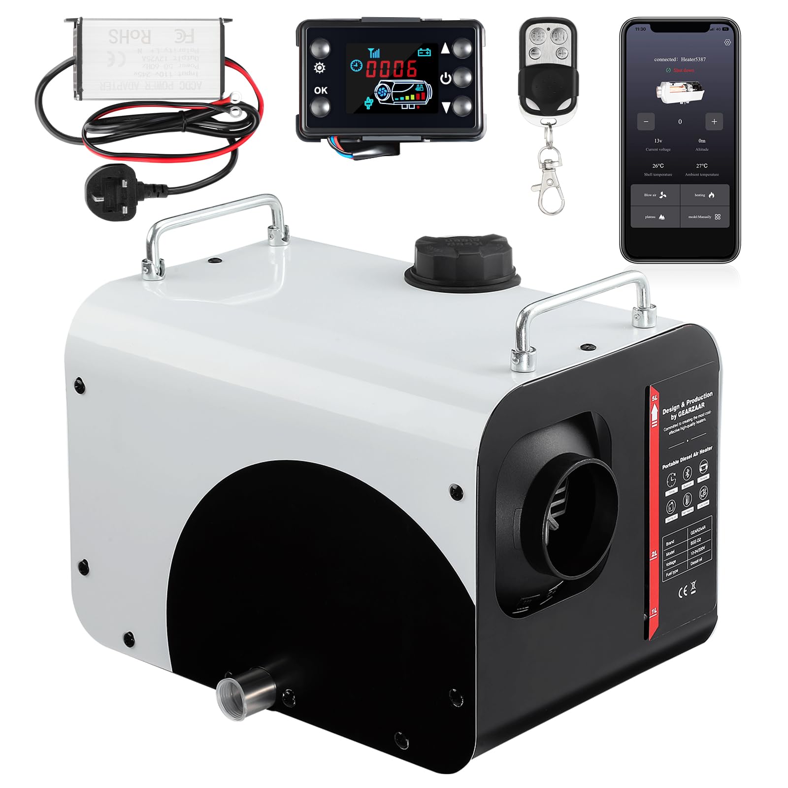 Riscaldatore ad aria diesel, 8 kW 12 V/24 V, portatile, per parcheggio notturno, con display LCD, telecomando, controllo tramite app Bluetooth, bassa rumorosità, per camper, camion, furgoni, roulott