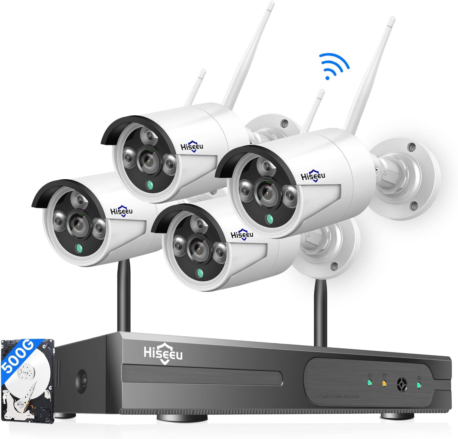 500G Hard Drive] Hiseeu 3MP Wireless Security Camera System with One-Way Audio,4Pcs 3MP Outdoor/Indoor WiFi Surveillance Cameras, HD Video,Night Vision, Weatherproof,Motion Detection,DC12V Power Cord