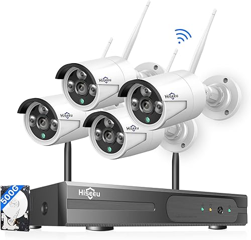 Hiseeu Sistema de cámara de seguridad inalámbrica de 5MP con audio unidireccional, 500GB, 4 cámaras WiFi 5MP para exterioresinteriores, video HD,