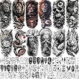 72 Sheets Cool Lion Tiger Temporary Tattoos For Women Men Adults, Waterproof Realistic Halloween Fake Tattoo Stickers Zeus God Jesus Christ Wolf Skull Skeleton Owl Dragon, Temp Gothic Black Tattoo