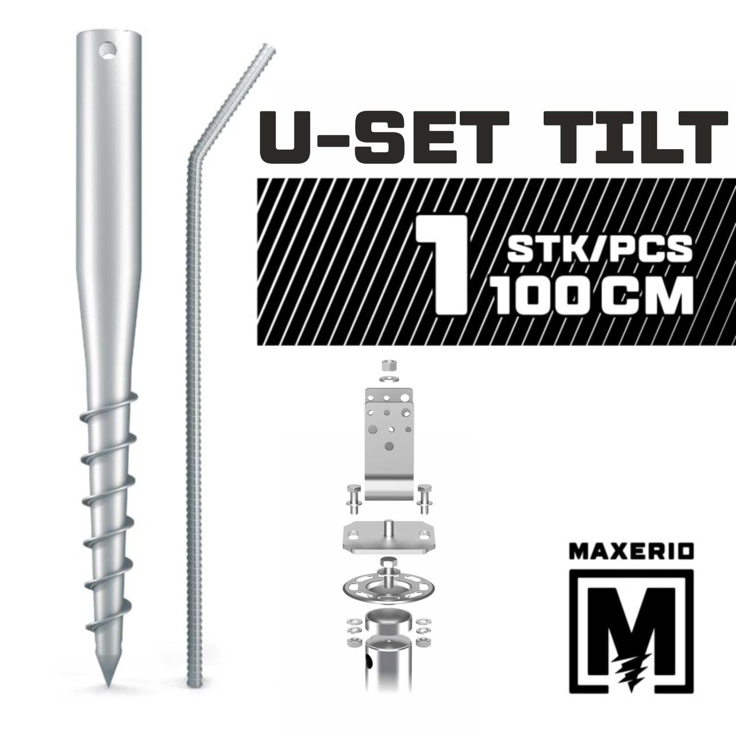 NEU 100 cm 1er U-Set TILT Schraubfundamente inkl. 10 cm Pfostenträger (U-Winkel - feuerverzinkt); Ø 60 x 2; M12