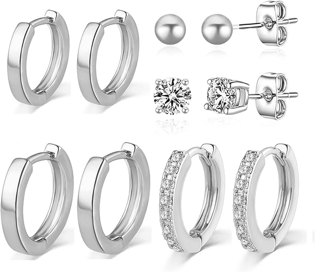 3 Pairs Sterling Silver Hoop Earrings for Women S925 Huggie Hoop Earrings With Cubic Zirconia Small Cartilage Sleepers Huggie Hinged Earrings Set for Girls Men