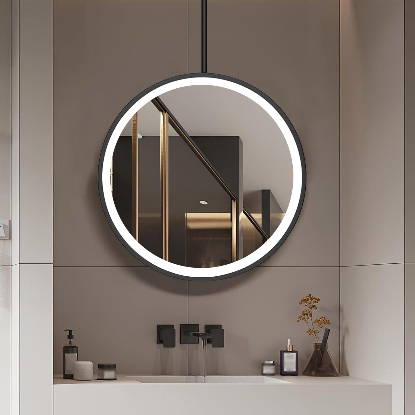 FGXHHS Round LED Lighted Makeup Mirror for Ceiling | Wall Mounted Hanging Home or Hotel Bathroom Decor, 3 Color Dimmable Floating Shaving Mirror(Diameter-70CM/27.6INCH)