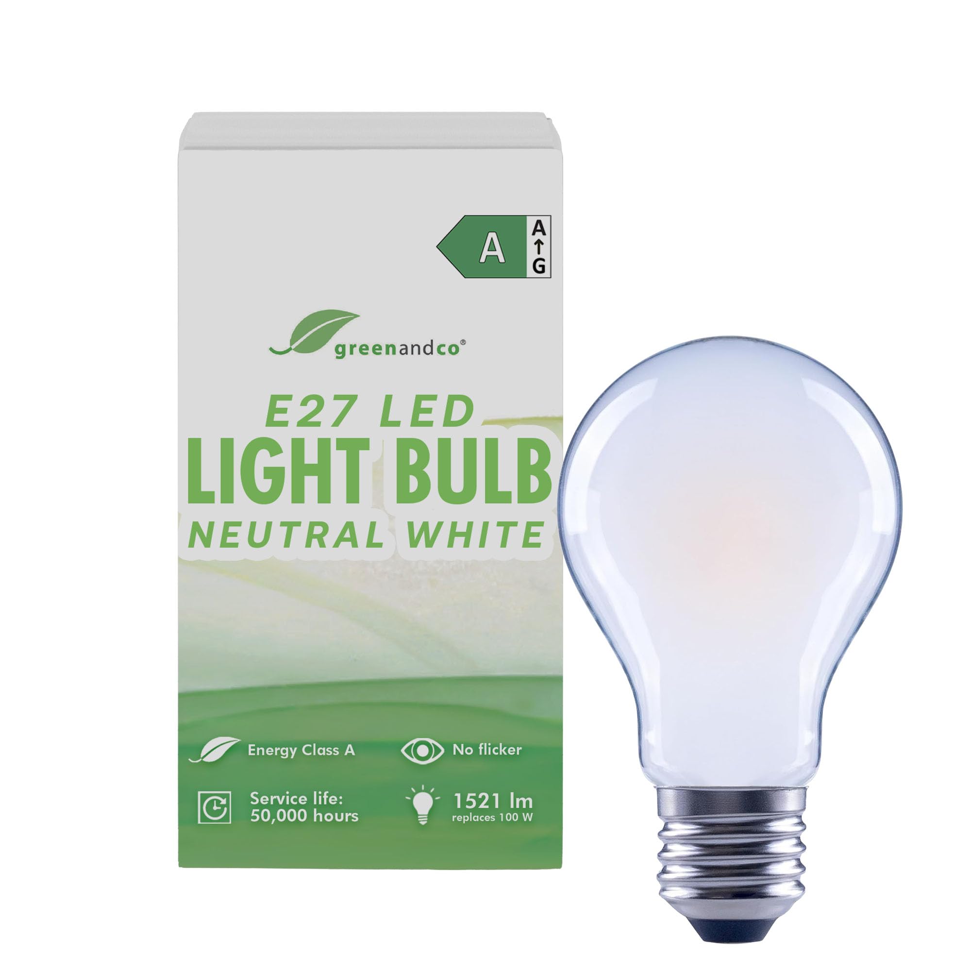 greenandco Żarówki LED | matowe | E27 A60 | 7,2 W 1521 lm | zastępuje 100 W | 4000 K neutralna biel | 320° | 230 V | bez migotania | klasa energetyczna A | nie ściemnialna