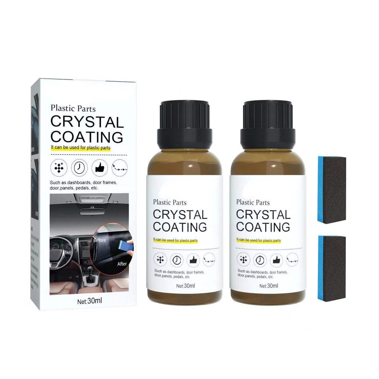 2 PCS Crystal Coating for Car Plastic Parts, Plastic Restorer for Cars with Sponge, Exterior & Interior Plasti Trim Refurbish Agent, Ceramic Coating Scratch Remover for Car Surfaces