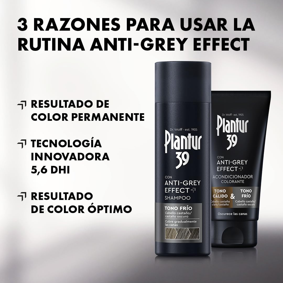 Plantur 39 Anti-Grey Effect Set con champú (200 ml) y acondicionador colorante (150 ml) – Para tonos fríos y cabello oscuro – Cubre progresivamente las canas y oscurece el cabello