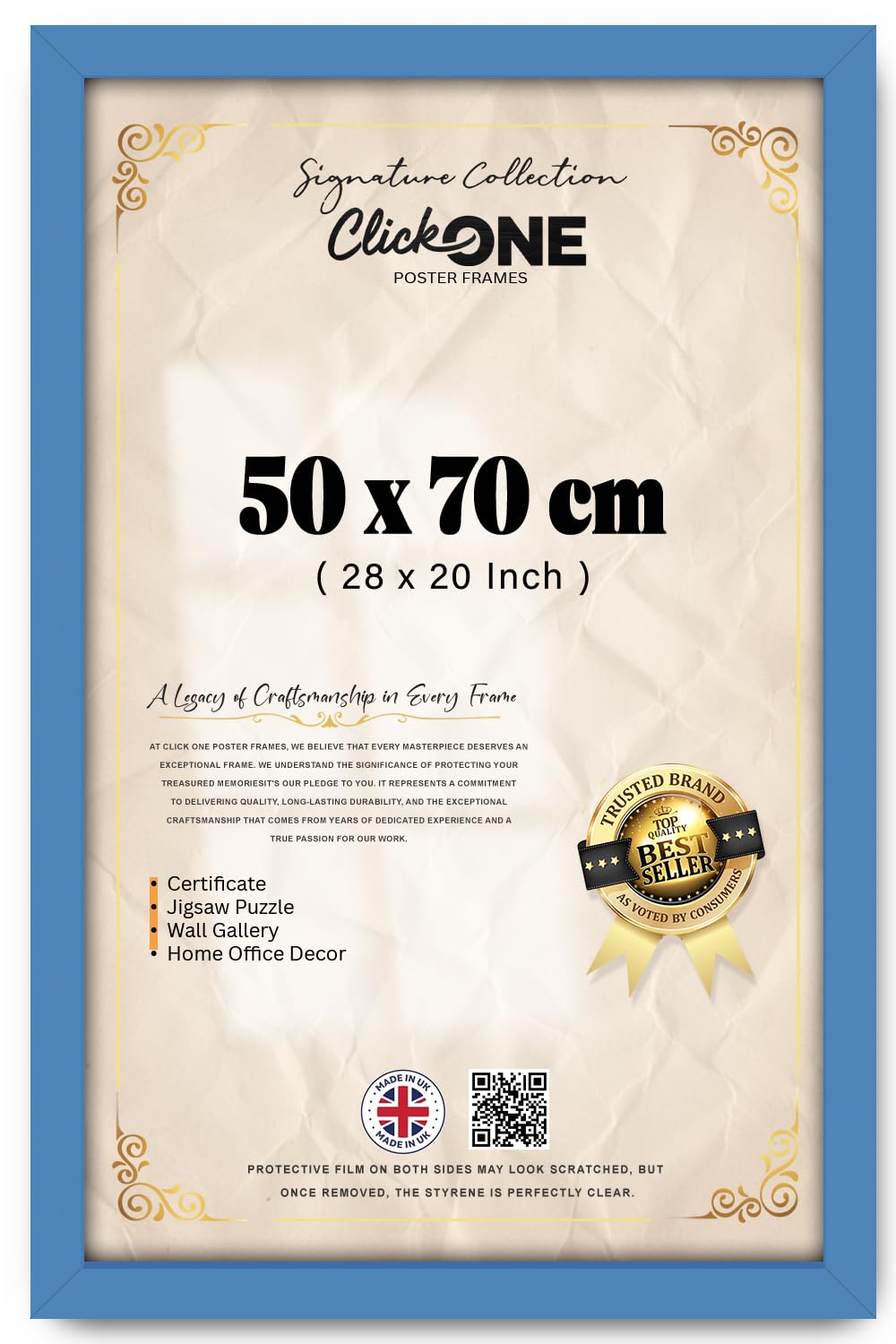 Click One Rectangle Wall Mount Poster Frame (50 X 70 CM | 28 X 20 Inch) — Versatile Vertical Or Horizontal Display For Art, Photos | Blue Accent With Sleek Border To Enhance Living Space