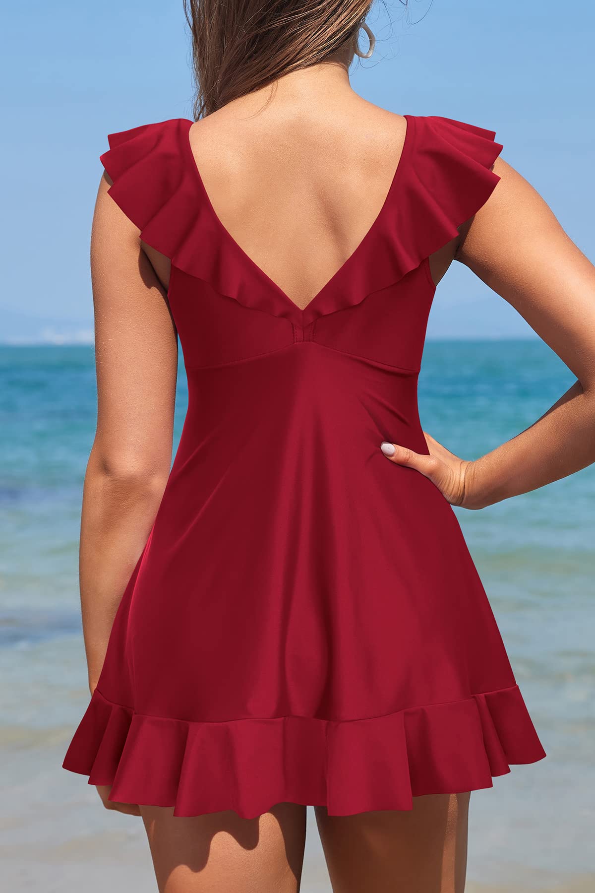 SHEKINI Femme Elégant Col en V Maillot de Bain 1 Pièce avec Jupette Halter Volants Bikini Robe de Plage Abdominal Contrôle Ourlet à Volants Maillot Une Pièce Jupette