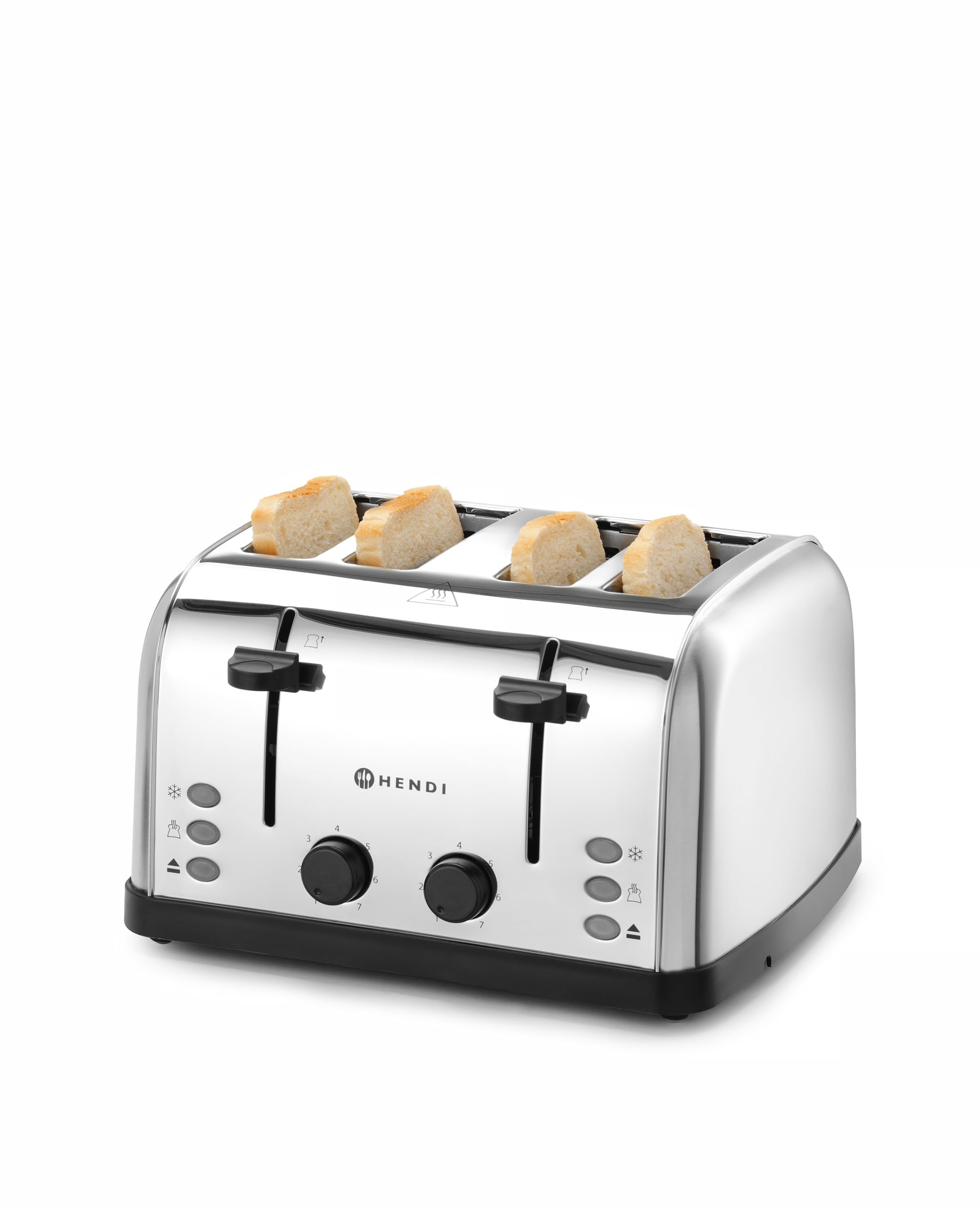 HENDI Tostapane, 4 scanalature extra larghe, 2 zone di riscaldamento, 7 livelli di doratura, 3 funzioni: toast, scongelamento e riscaldamento, 240V, 1500W, 295x335x(H)180mm, acciaio inox