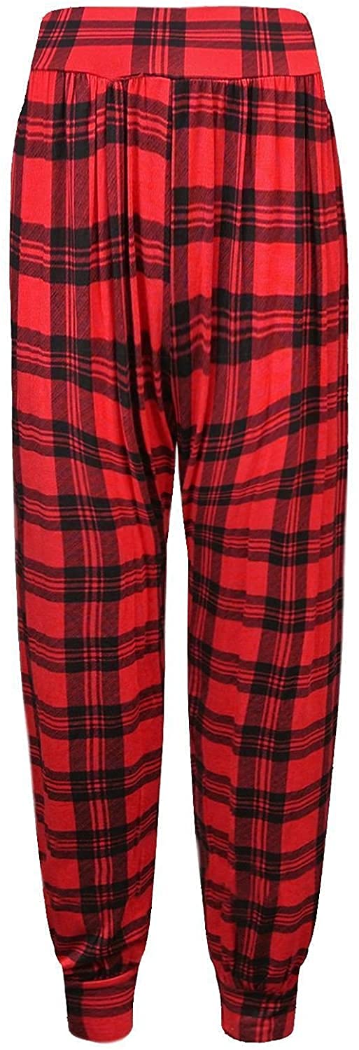 WearAll Ladies Plus Size Harem Trousers Womens Full Length Stretch Casual Pants Sizes Red Tartan 24-26