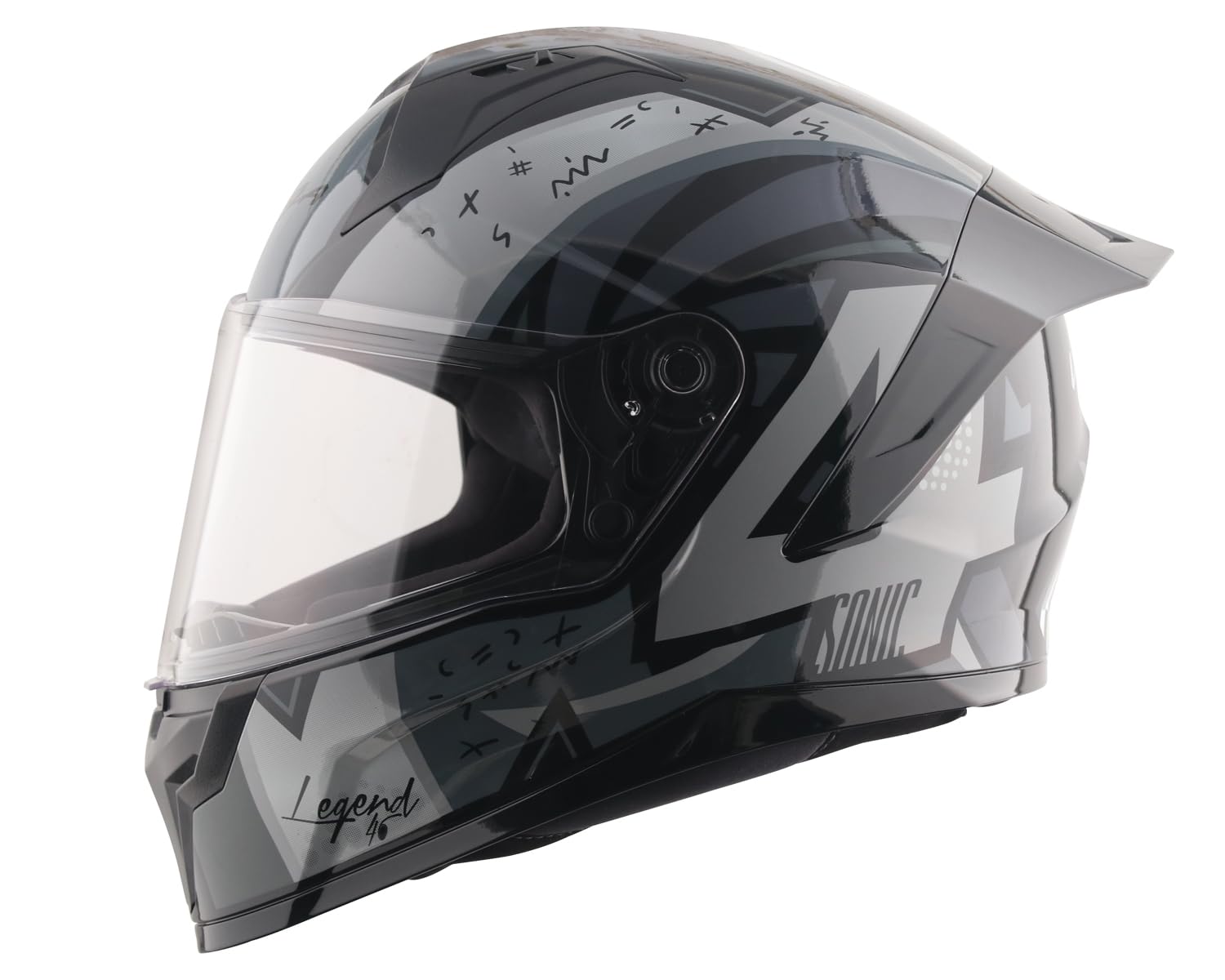 Vega Sonic Legend ISI and DOT Certified Gloss Finish Full Face Helmet for Men with Clear Visor and Spoiler-Black Grey-M