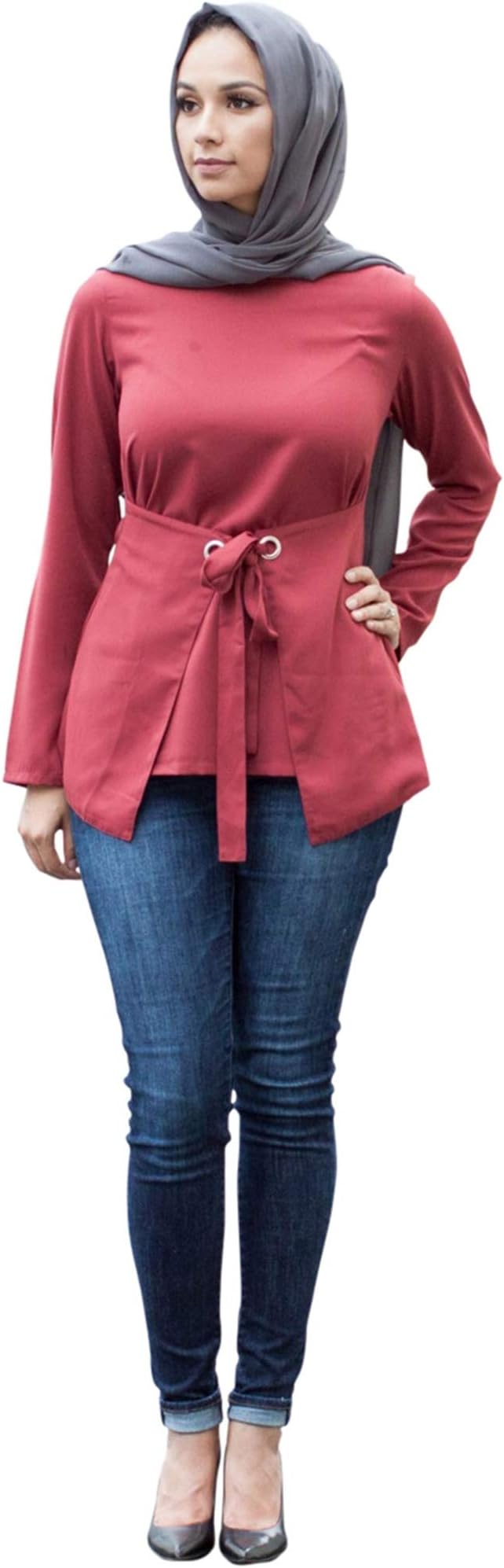 Womens Tie-Belt Pullover Blouse