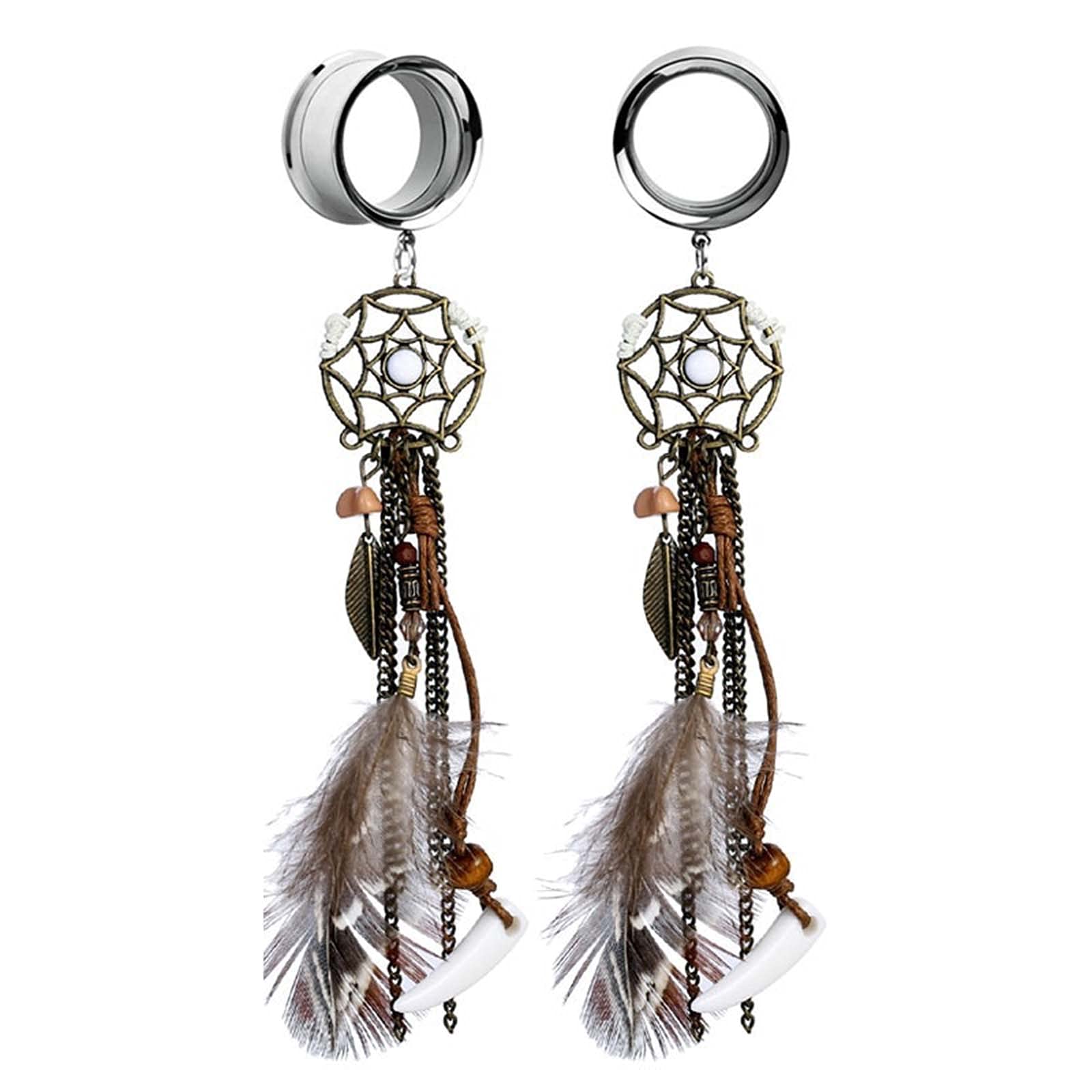 ALONG-J 2Pieces Dangle Ear Gauges Ear Flesh Tunnel Plugs Bohemian Feather Tassel Ear Reamer Piercing Expander Body Jewelry