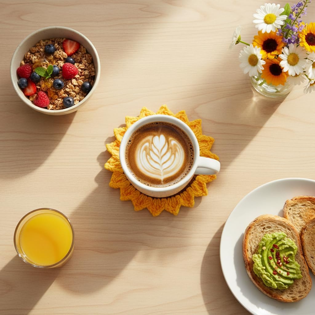 Sunflower Gifts for Women – Handmade Crochet Drink Coasters, Set of 4 Flower Cup Mats with Double-Layer Thick Design for Hot & Cold Beverages, Tabletop Protection