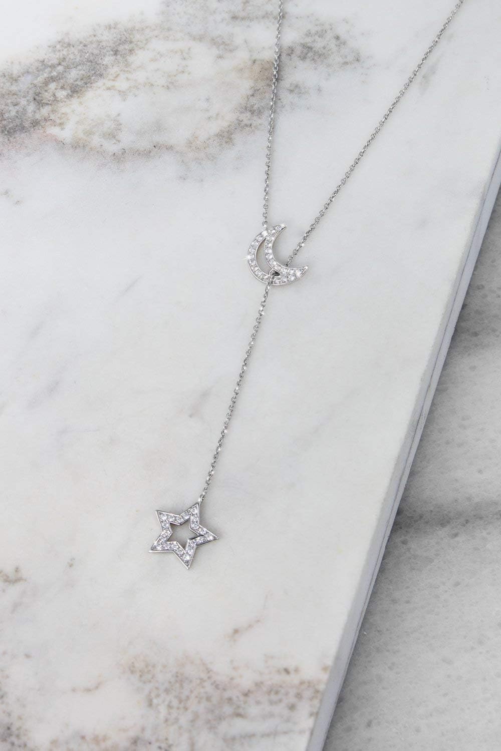 Diamond Lariat Style Necklace with Moon and Star, 9K 14K 18K Gold, White Gold, Gift For Her, White Natural Diamonds/code: 0.003